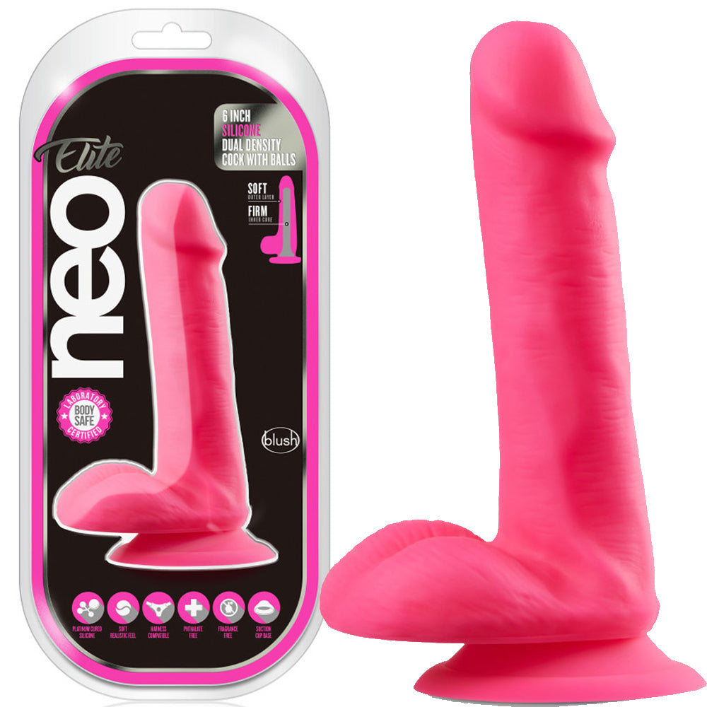 Blush Neo Elite 6" Silicone Dual Density Cock Balls Dildo Neon Dong Sex Toy