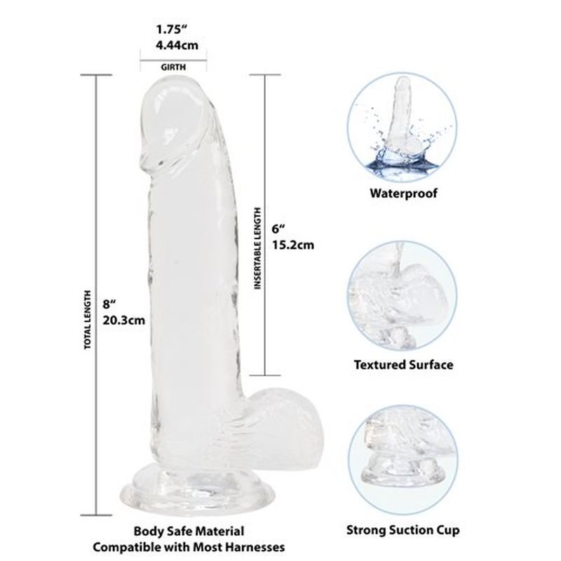 BMS Addiction Crystal 8" Dildo with Balls & Power Bullet Vibrator Dong Sex Toy