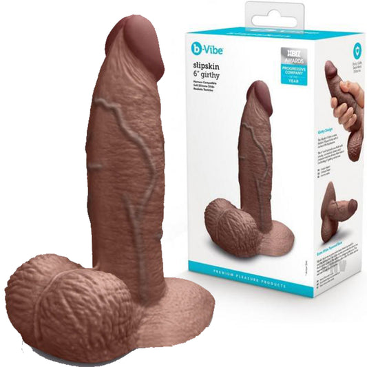 B-Vibe Slipskin Realistic Silicone Dildo- 6" Girthy Brown