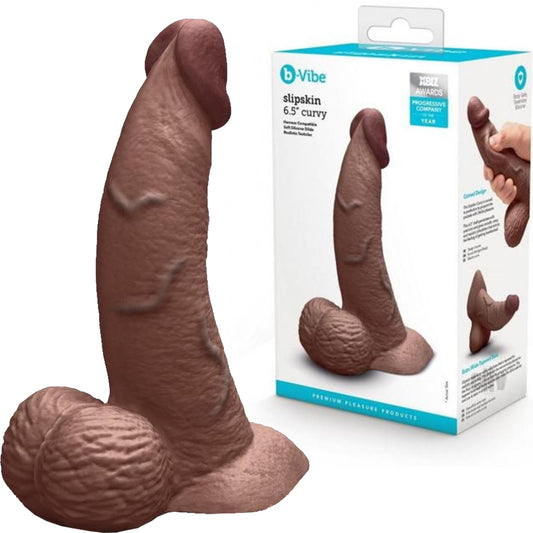 B-Vibe Slipskin Realistic Silicone Dildo-6.5" Curved Brown