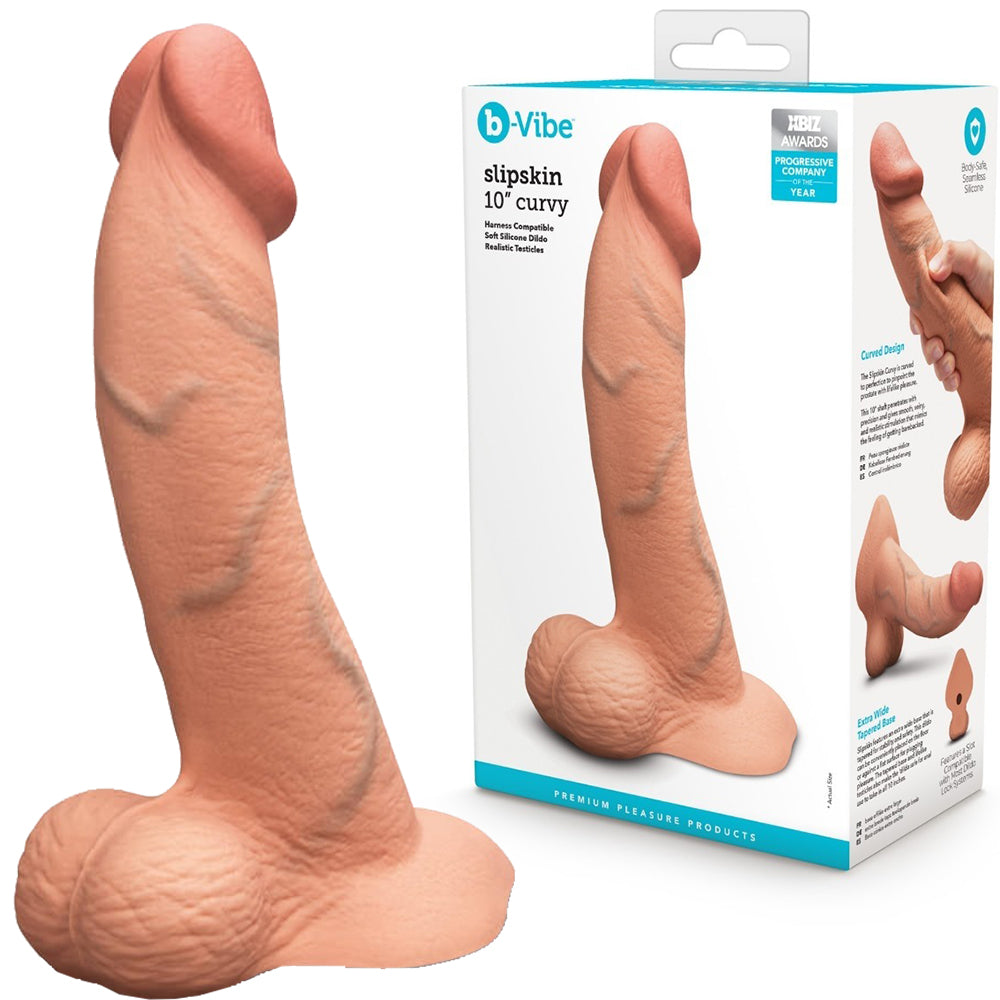 B-Vibe Slipskin Realistic Silicone Dildo-10" Curved Mocha