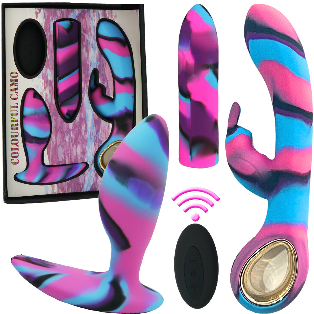 Colourful Camo Lovers Kit Rechargeable Bullet Vibrator Anal Set Blue