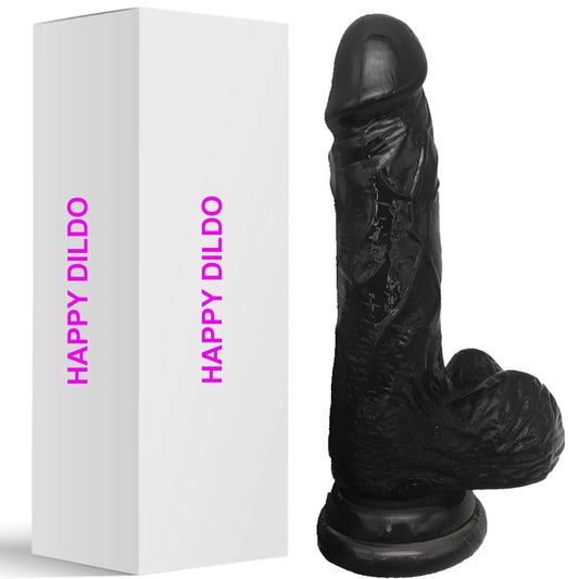 Bebuzzed Happy 8" Realistic Dildo Veined Balls Suction Cup Black