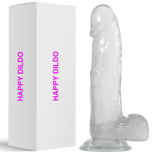 Bebuzzed Happy 8" Realistic Dildo Veined Balls Suction Cup Clear