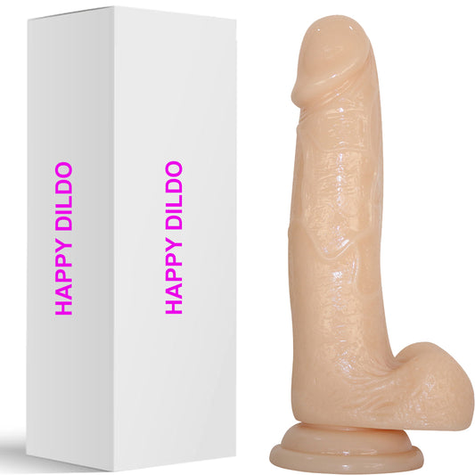 Bebuzzed Happy 8" Realistic Dildo Veined Balls Suction Cup Flesh