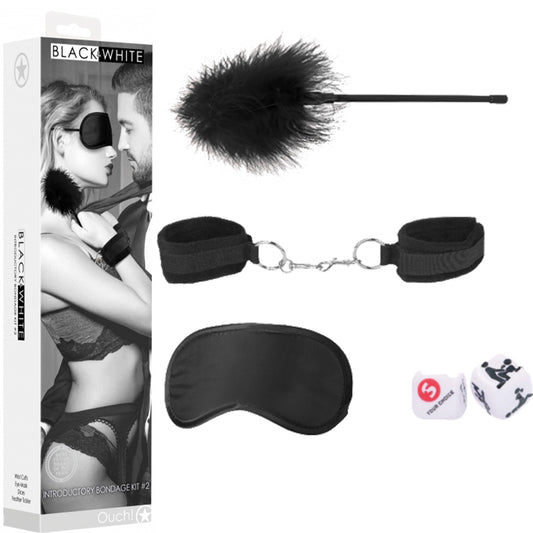 OUCH! Introductory Bondage Kit #2 BDSM Mask Cuffs Feather Dice Set Black Sex Toy