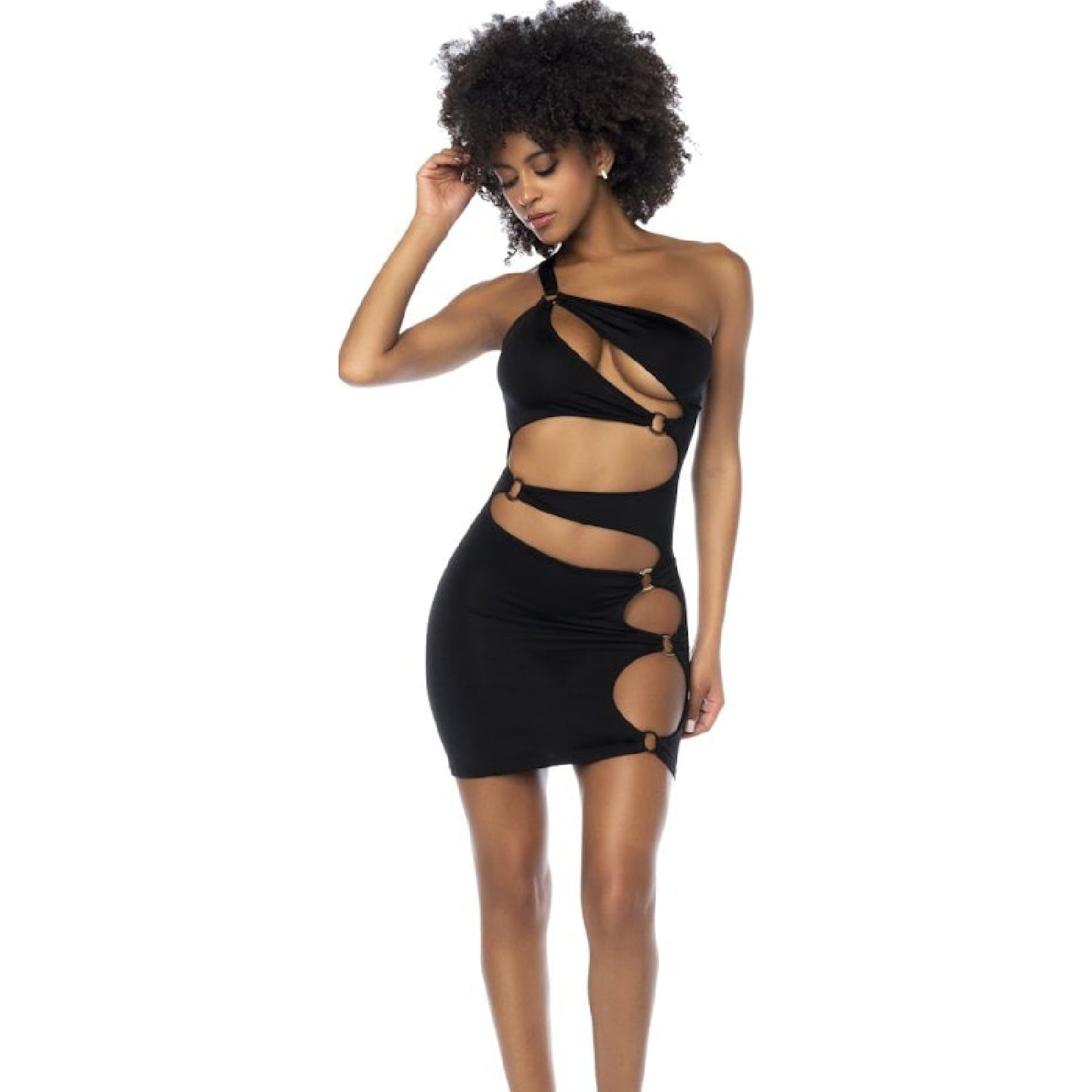 Asymmetrical Cut Out Dress w Ring Details Black