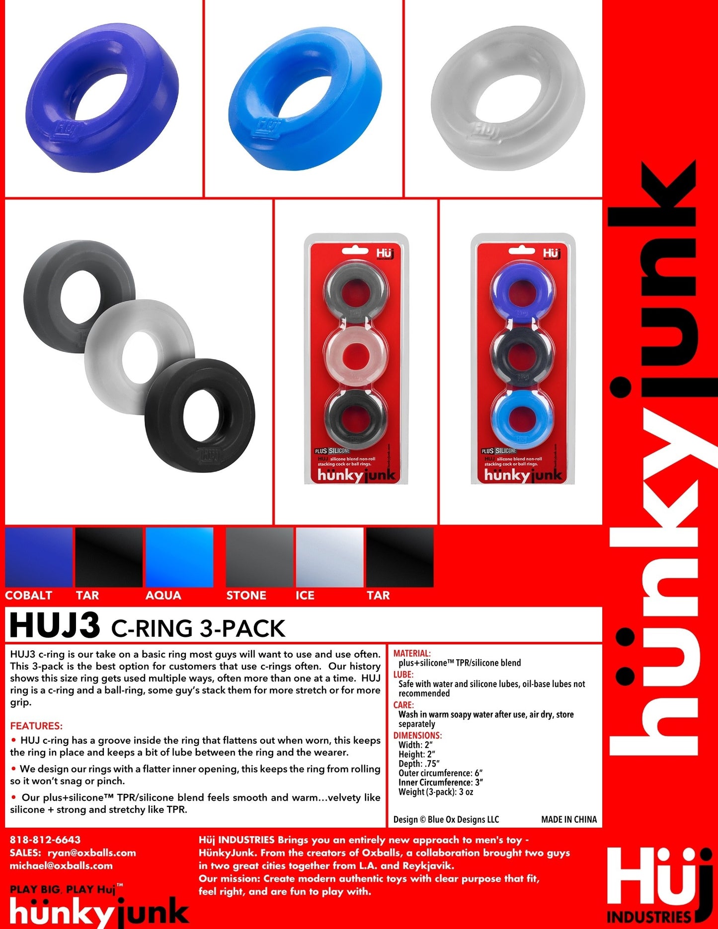 Hunky Junk 3x Cockings Penis Cock Ring HunkyJunk by OxBalls Red-Tar