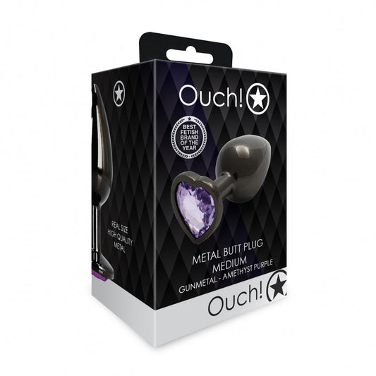 Heart Gem Butt Plug - Medium - Gun Metal / Amethyst Purple