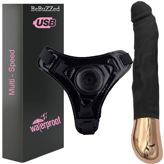 Bebuzzed Giddy Set Realistic Veined Vibrator USB Rechargeable Black and Harness