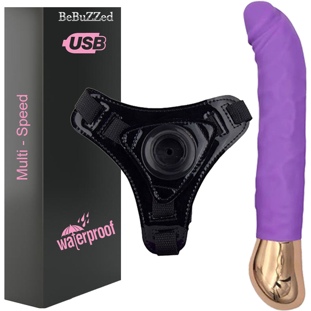 Bebuzzed Giddy Set Realistic Veined Vibrator USB Rechargeable Purple and Harness