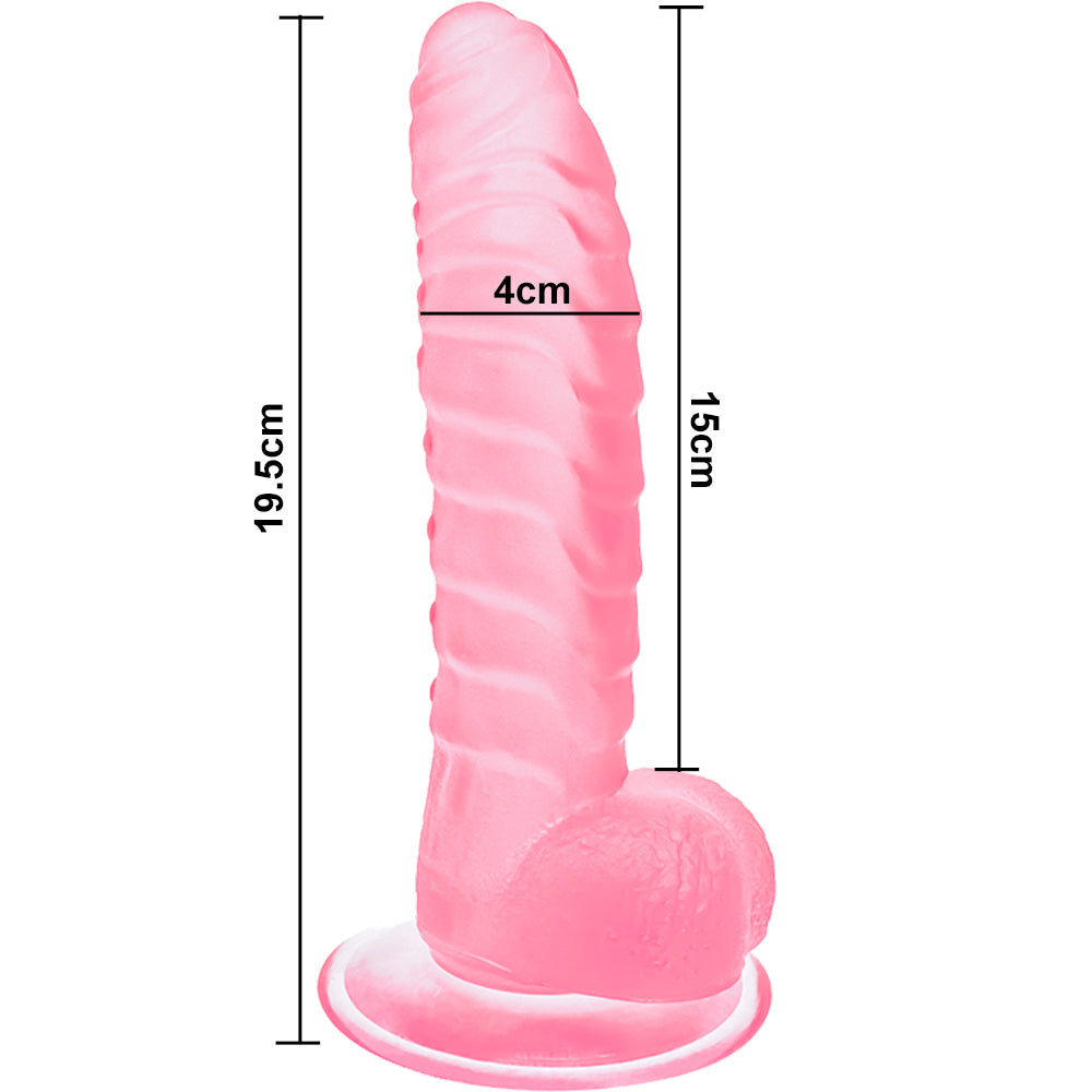 Bebuzzed Dino 8" Ribbed Dildo with Balls Suction Cup Pink