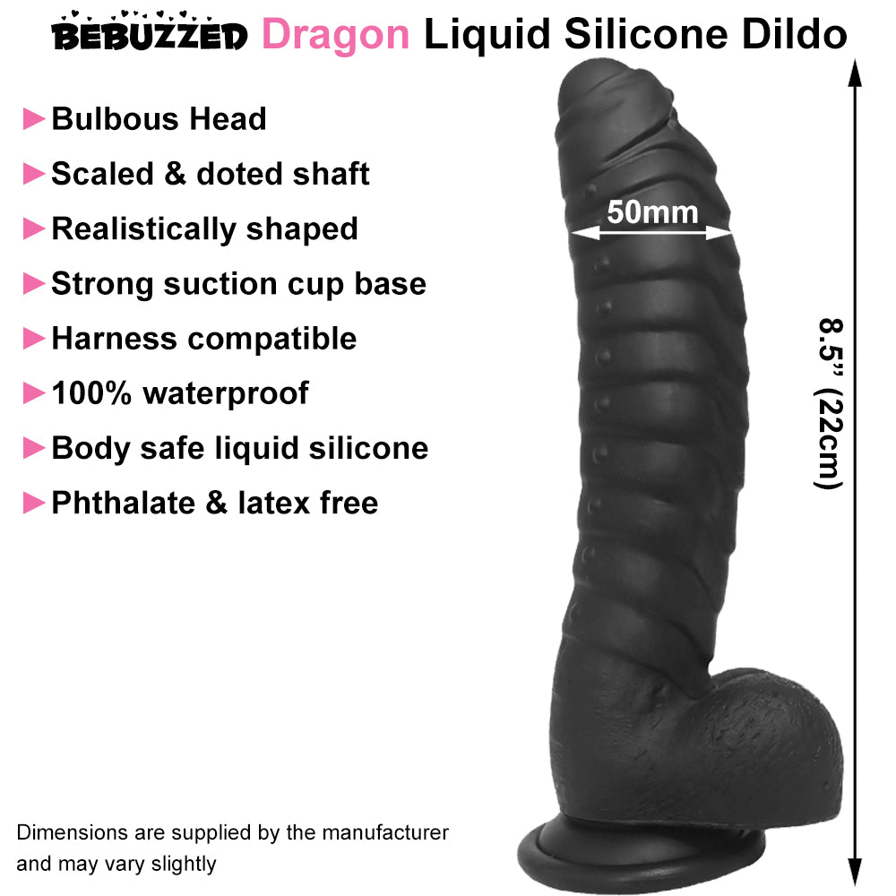 Bebuzzed Dragon 8.5" Scaled Ribbed Dildo Liquid Silicone Black