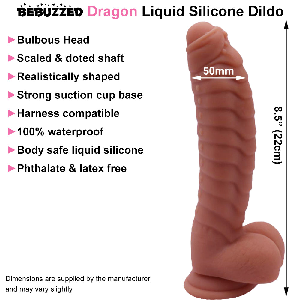 Bebuzzed Dragon 8.5" Scaled Ribbed Dildo Liquid Silicone Brown