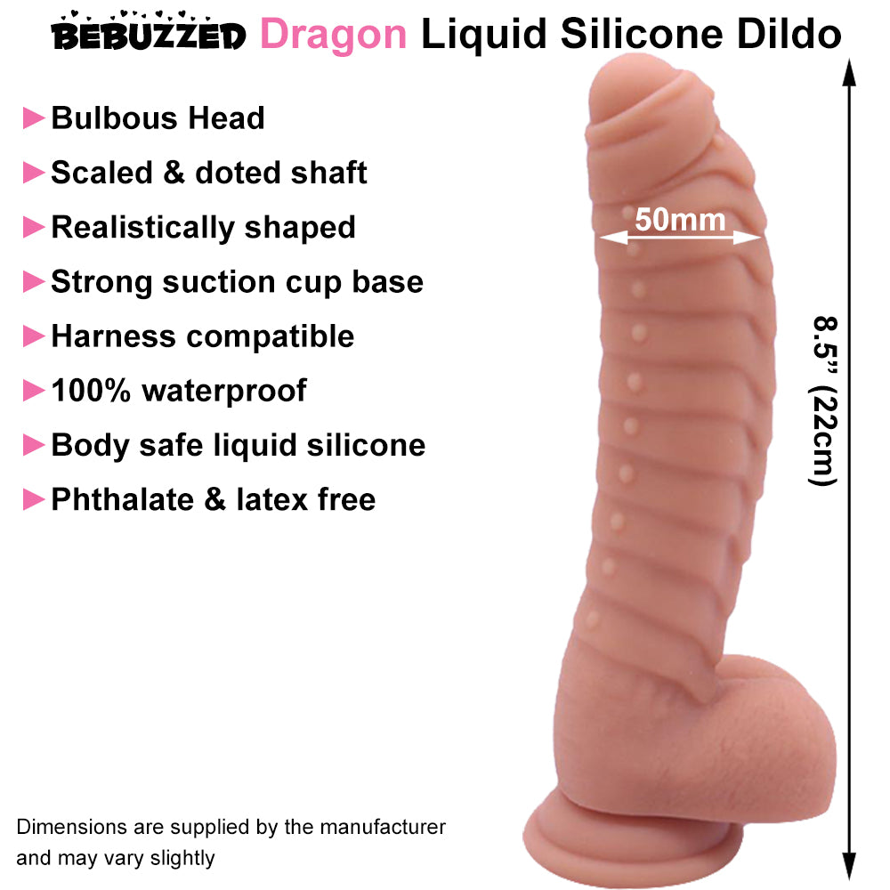Bebuzzed Dragon 8.5" Scaled Ribbed Dildo Liquid Silicone Flesh