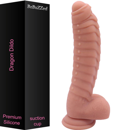 Bebuzzed Dragon 8.5" Scaled Ribbed Dildo Liquid Silicone Flesh