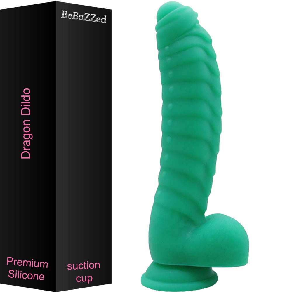 Bebuzzed Dragon 8.5" Scaled Ribbed Dildo Liquid Silicone Green