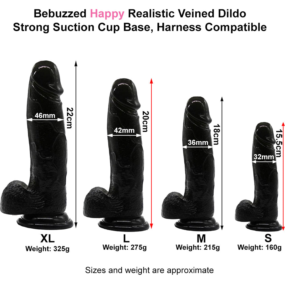 Bebuzzed Happy 7" Realistic Dildo Veined Balls Suction Cup Black