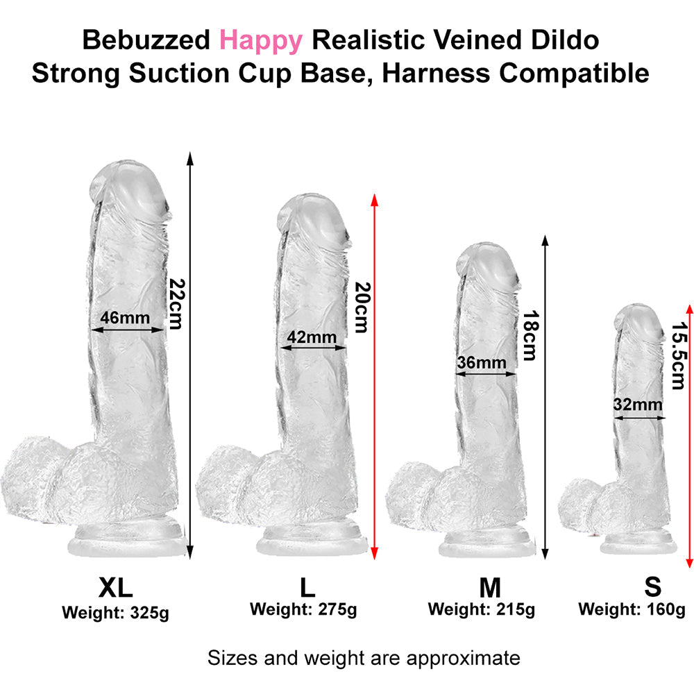 Bebuzzed Happy 6" Realistic Dildo Veined Balls Suction Cup Clear