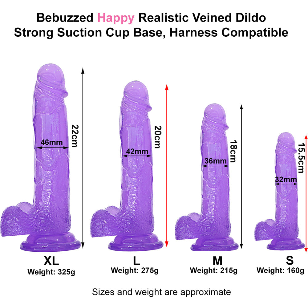 Bebuzzed Happy 8" Realistic Dildo Veined Balls Suction Cup Purple