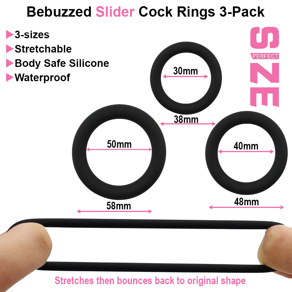 BeBuzzed Slider 3 Pack Silicone Cock Rings Black