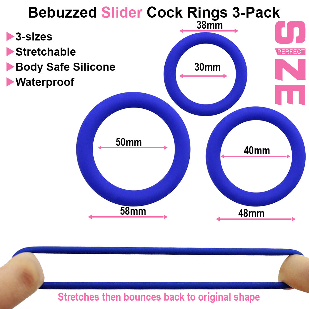 BeBuzzed Slider 3 Pack Silicone Cock Rings Blue