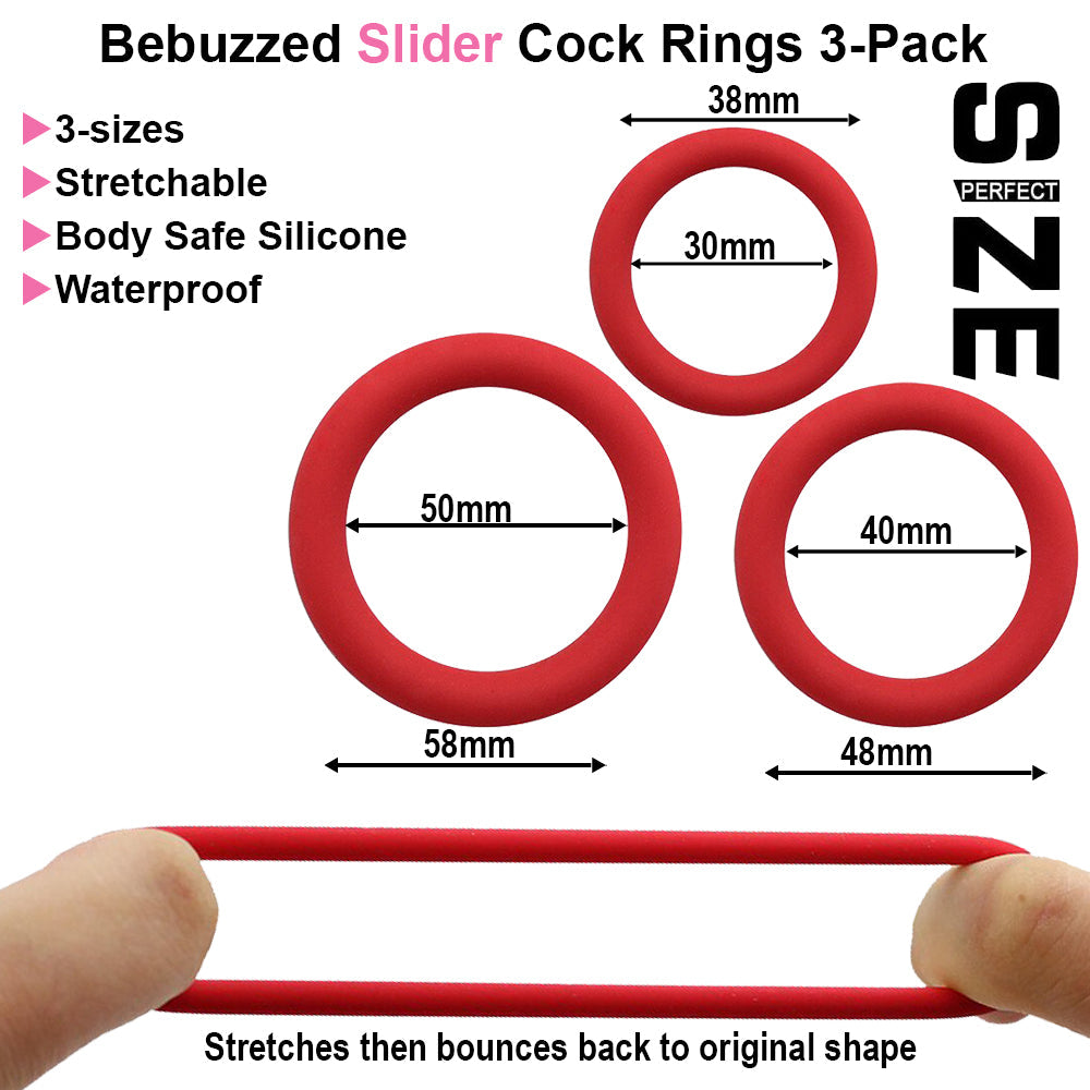 BeBuzzed Slider 3 Pack Silicone Cock Rings Red