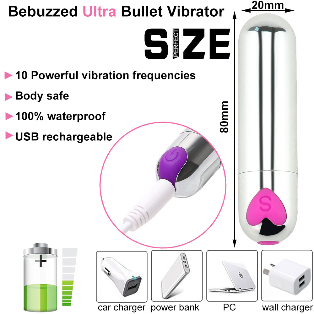 Bebuzzed 8cm Bullet Vibrator USB Rechargeable Silver/Pink