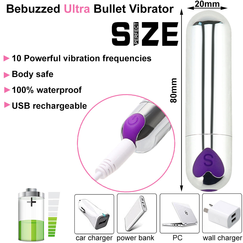 Bebuzzed 8cm Bullet Vibrator USB Rechargeable Silver/Purple