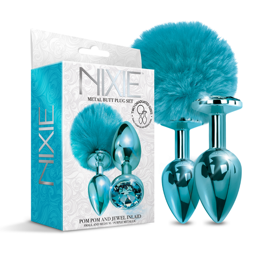 NIXIE Metal Butt Plug Set, Pom Pom and Jewel Inlaid, Blue Metallic Anal