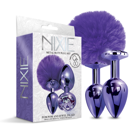 NIXIE Metal Butt Plug Set, Pom Pom and Jewel Inlaid, Purple Metallic Anal