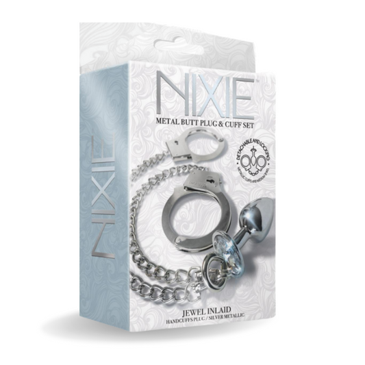 NIXIE Metal Butt Plug & Cuff Set Metallic Silver