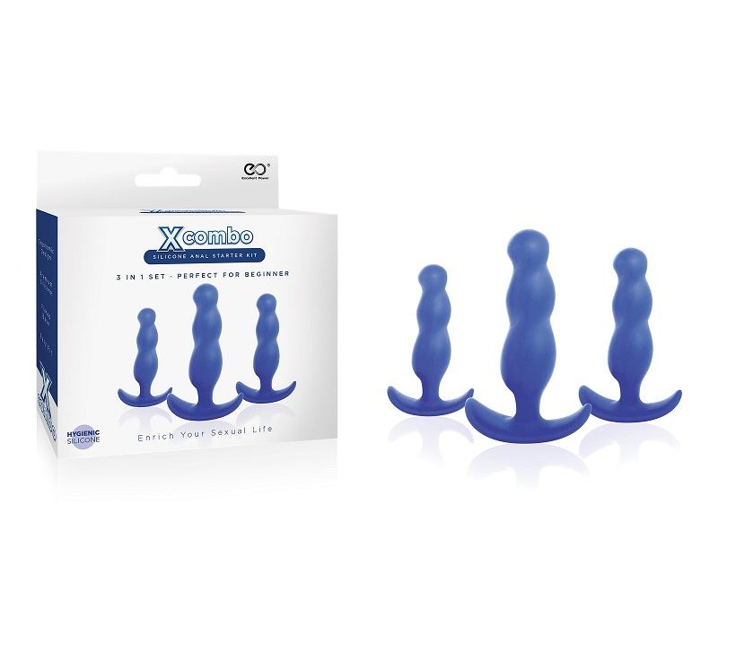 X COMBO SILICONE BUTT PLUG  3PC SET BLUE