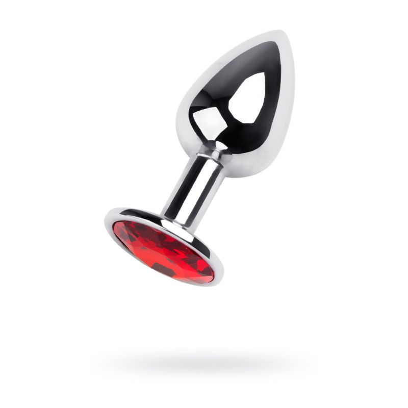 Silver Metal Anal Plug w Red Ruby Gem Small