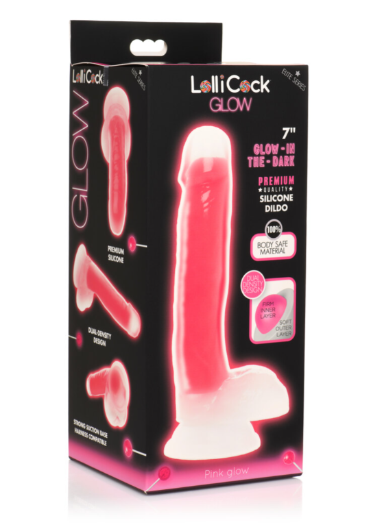 LOLLICOCK 7" GLOW-IN-THE-DARK SILICONE DILDO W/ BALLS PINK