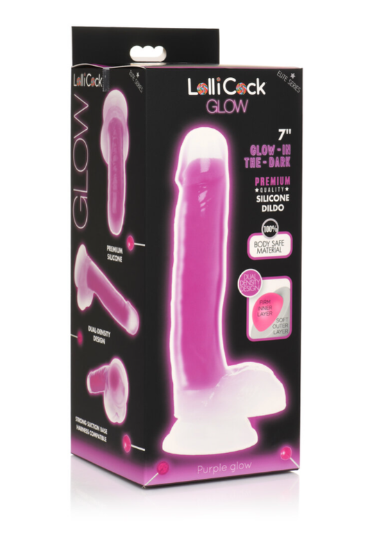 LOLLICOCK 7" GLOW-IN-THE-DARK SILICONE DILDO W/ BALLS PURPLE