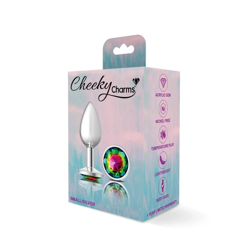 Cheeky Charms Silver Round Butt Plug w Rainbow Jewel Small