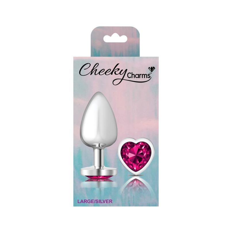 Cheeky Charms Silver Metal  Butt Plug w Heart Pink Jewel Large