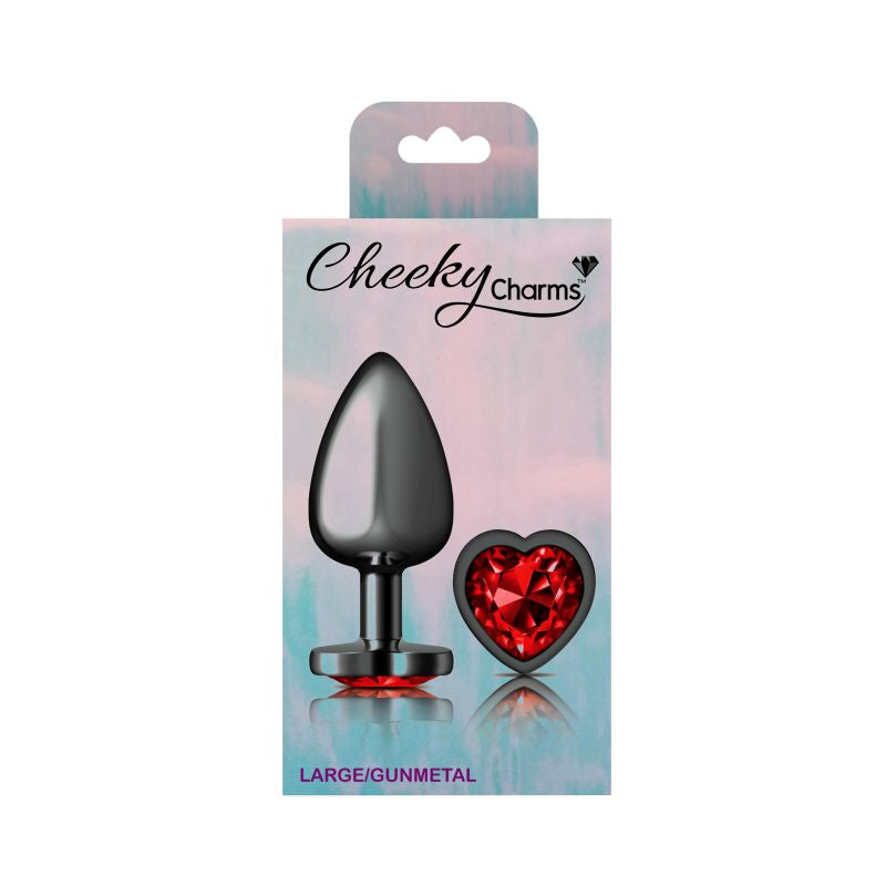 Cheeky Charms Gunmetal  Butt Plug w Heart Red Jewel Large