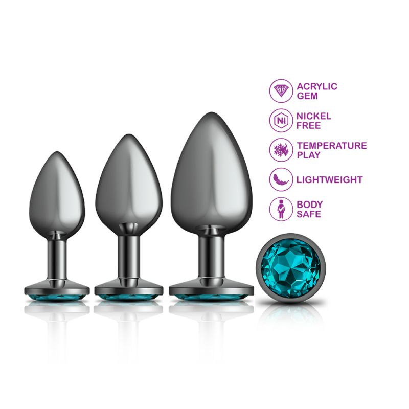 Cheeky Charms Round Metal Butt Plug Gunmetal 3 Pc Kit w Teal Jewel