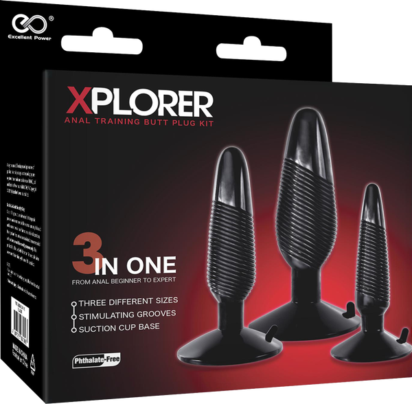 Xplorer Anal Training Butt Plug Kit (Ribbed) (Black)